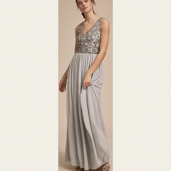 New BHLDN Mischa 8 | M Blue Grey Embellished Bodice Chiffon Maxi Gown - Picture 5 of 8